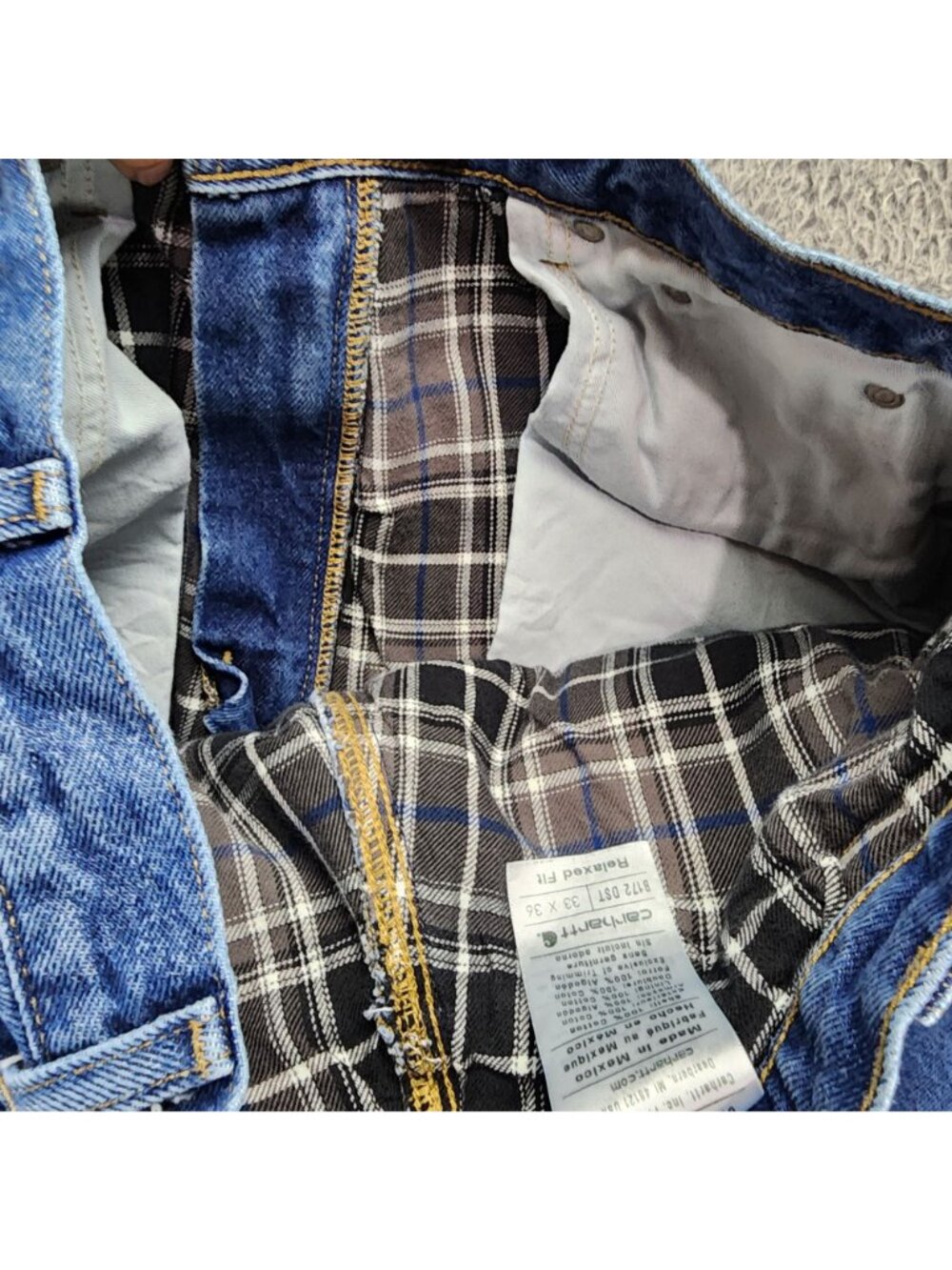 Carhartt Jeans Mens 33x36 Blue Flannel Lined Cotton Denim Relaxed Fit *Read* - Picture 12 of 16